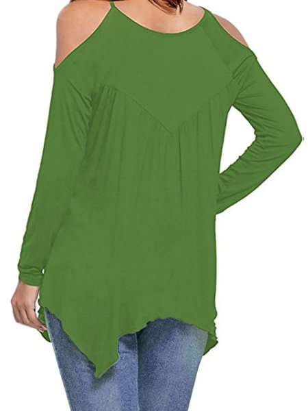 Open Shoulder Cutout Plain T-Shirts